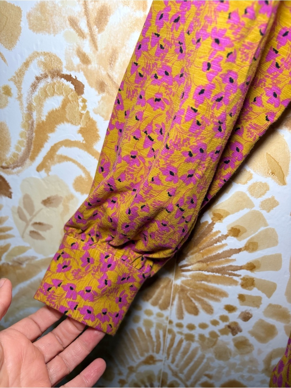 Belle by Kim Gravel Mustard & Magenta Floral Boho Blouse | Long Sleeve Split Top - Picture 6 of 10